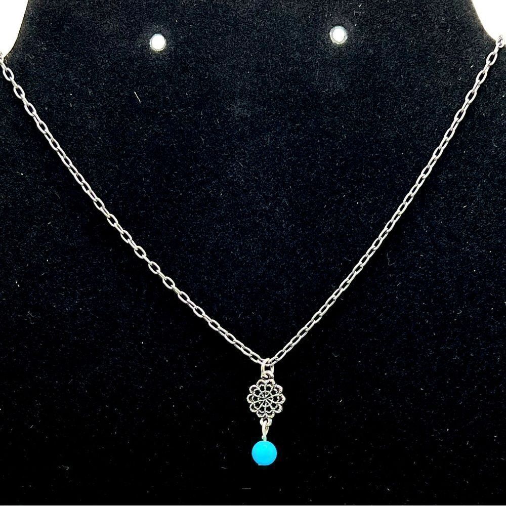 *3/$20* Dainty silver tone necklace with turquoise colored bead